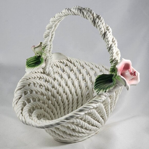 Vintage Italian Porcelain Basket Capodimonte Style Italy Pink Rose Flower Decor - Picture 3 of 12